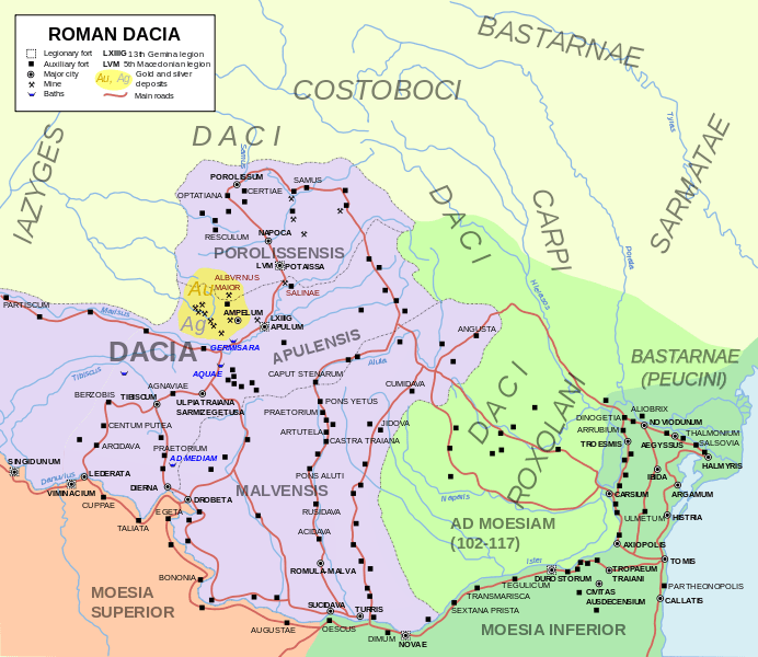 Hartă a Provinciei Dacia extinsă care cuprinde şi zonele aflate sub supravegherea romanilor.